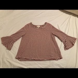 Red and natural striped cotton bell-sleeved top